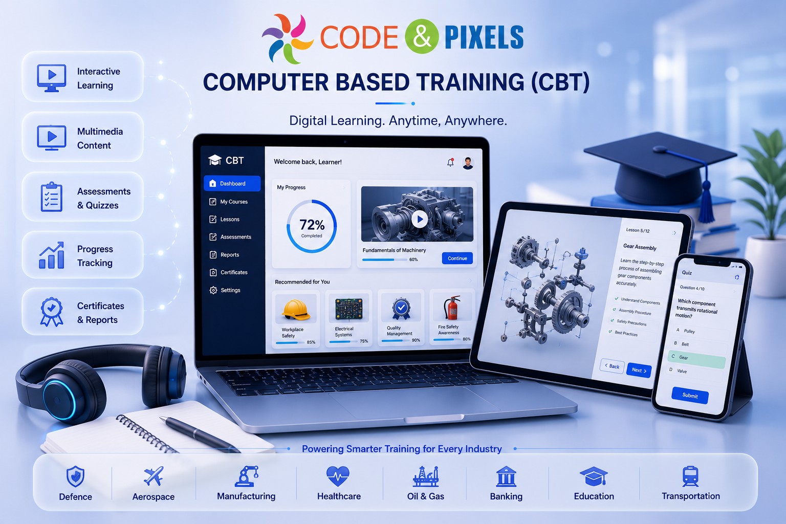 Computer Based Training (CBT) digital learning platform by Code and Pixels featuring interactive multimedia content, assessments, quizzes, progress tracking, certifications, and responsive learning across laptop, tablet, and mobile devices.