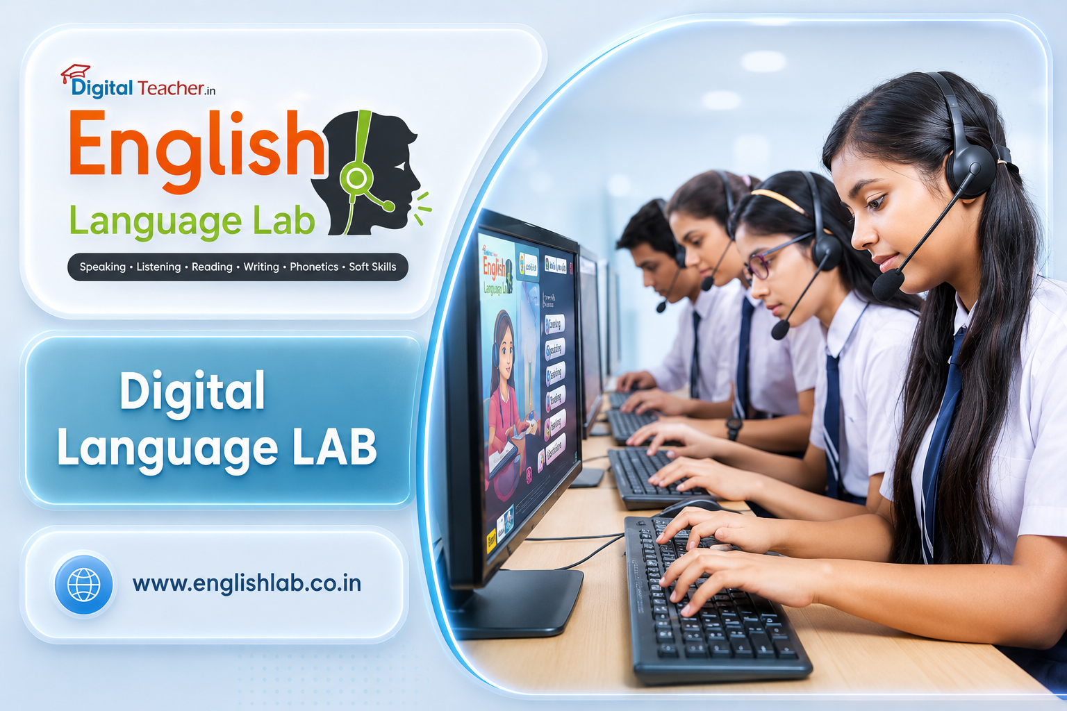 Students wearing headsets and using computers in a digital language lab to improve English speaking, listening, reading, writing, phonetics, and communication skills.