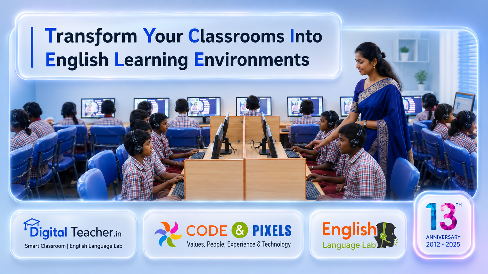 School students using English learning software in a digital language lab with computers and headsets while a teacher guides interactive English communication and language skills training.