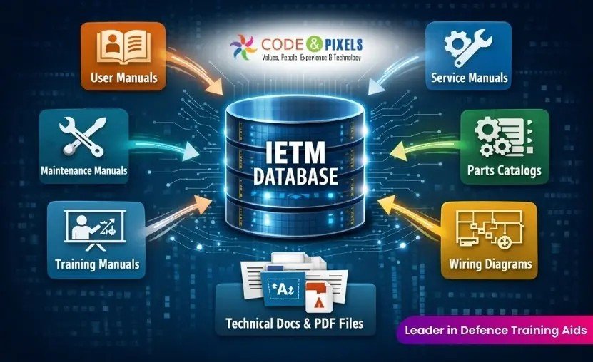IETM database integrating user, maintenance, service, training manuals, parts catalogs, wiring diagrams, and technical documents into a centralized digital documentation system.