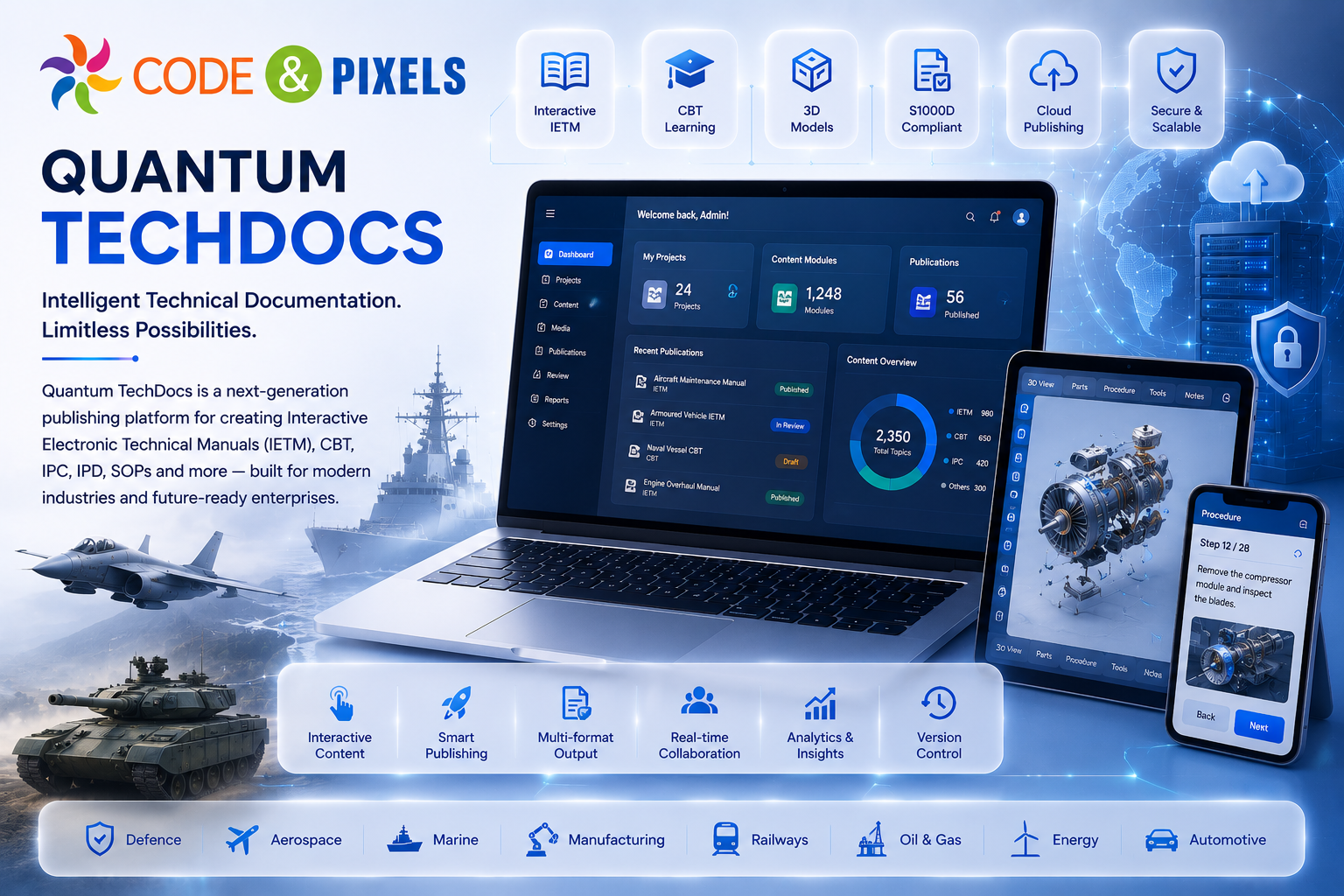 Quantum TechDocs Interactive Electronic Technical Manual (IETM) platform by Code and Pixels featuring CBT learning, 3D models, S1000D compliant technical documentation, cloud publishing, secure collaboration, and digital maintenance manuals for defence, aerospace, marine, manufacturing, railways, oil & gas, energy, and automotive industries.