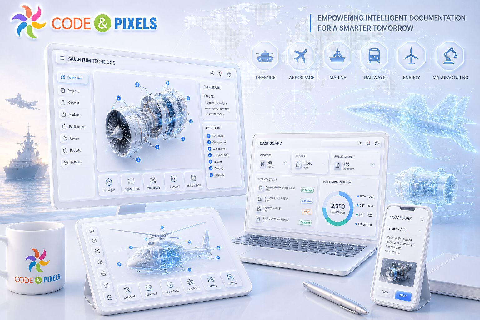 Quantum TechDocs interactive technical documentation platform by Code and Pixels featuring Interactive Electronic Technical Manuals (IETM), 3D exploded views, digital procedures, CBT learning, technical publications, and cloud-based documentation for defence, aerospace, marine, railways, energy, and manufacturing industries.