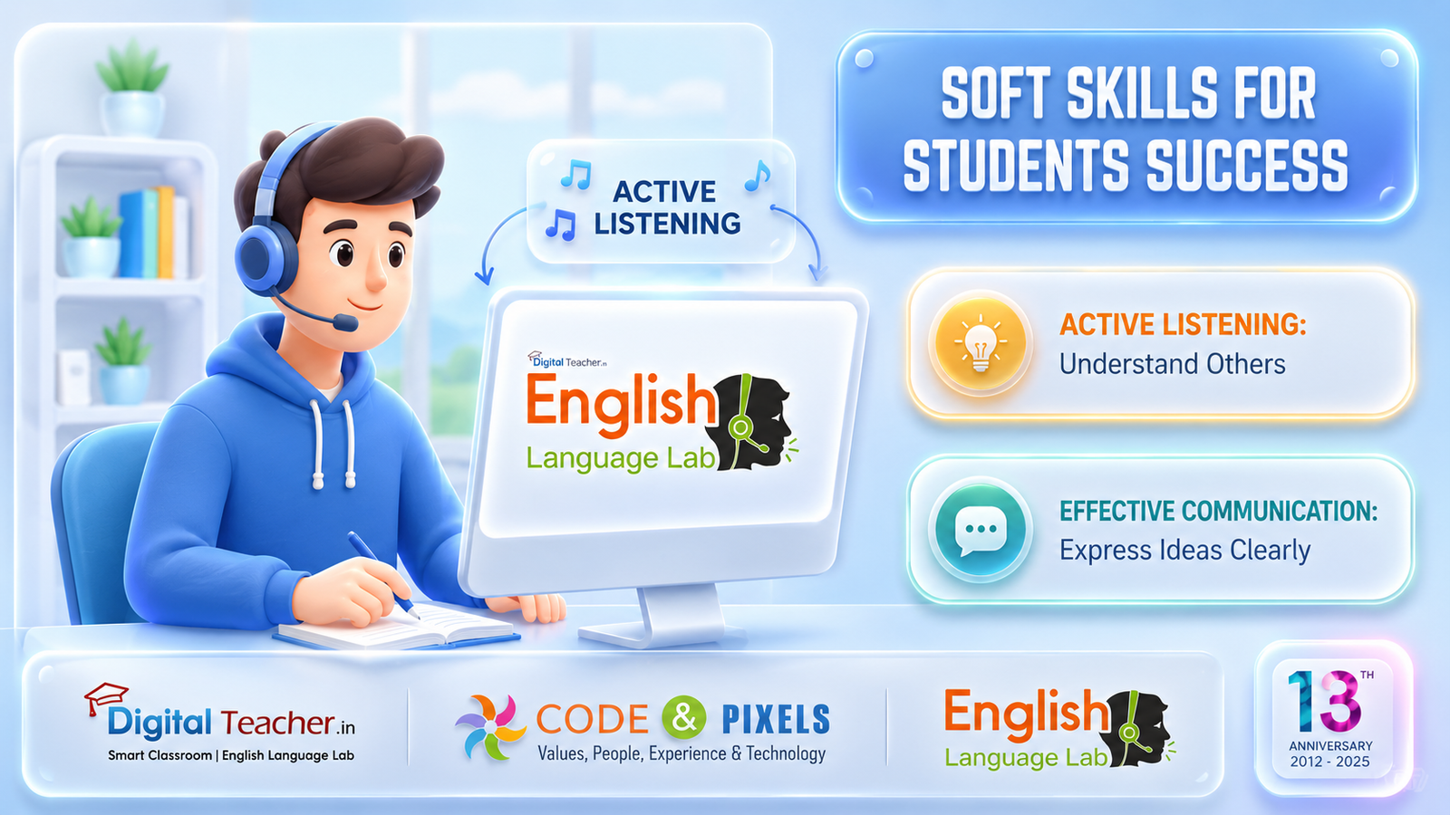Student practicing active listening and communication skills using English Language Lab software with headphones and computer to improve soft skills, spoken English, and overall personality development.