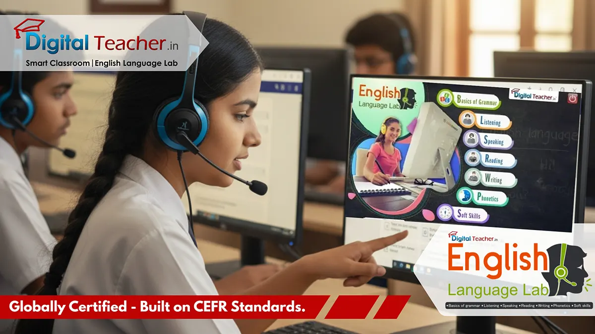 Student using CEFR-aligned English Language Lab software for listening, speaking, reading, writing, phonetics and soft skills development