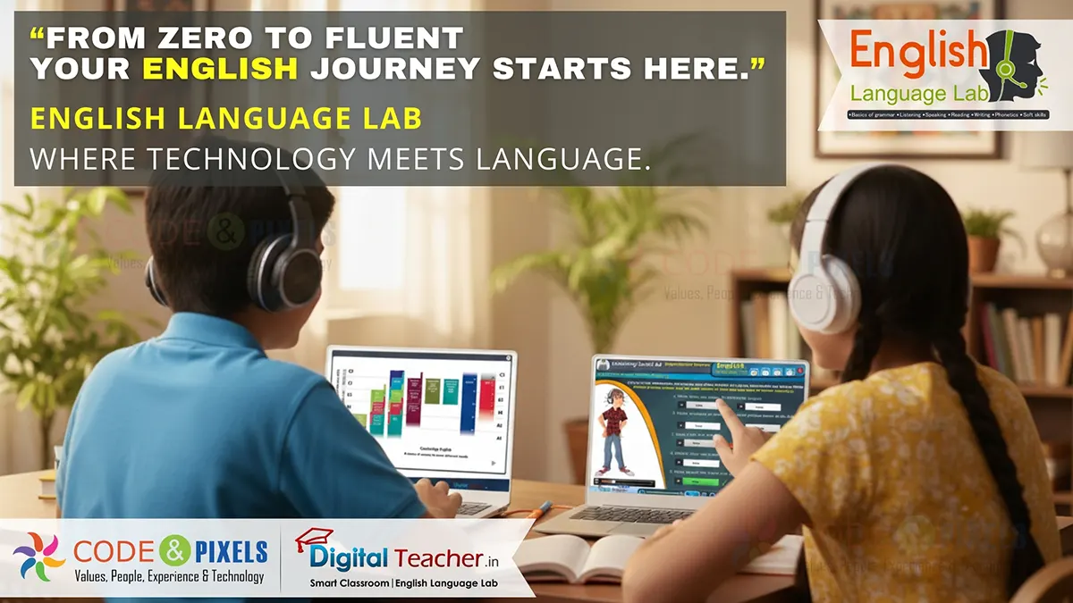 Students using an English Language Lab with interactive software and headphones to improve English communication skills