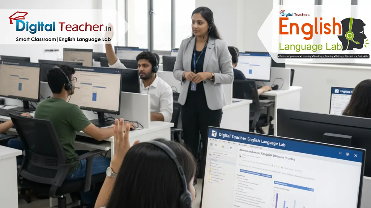 Instructor guiding students in a digital English Language Lab using interactive language learning software and headsets