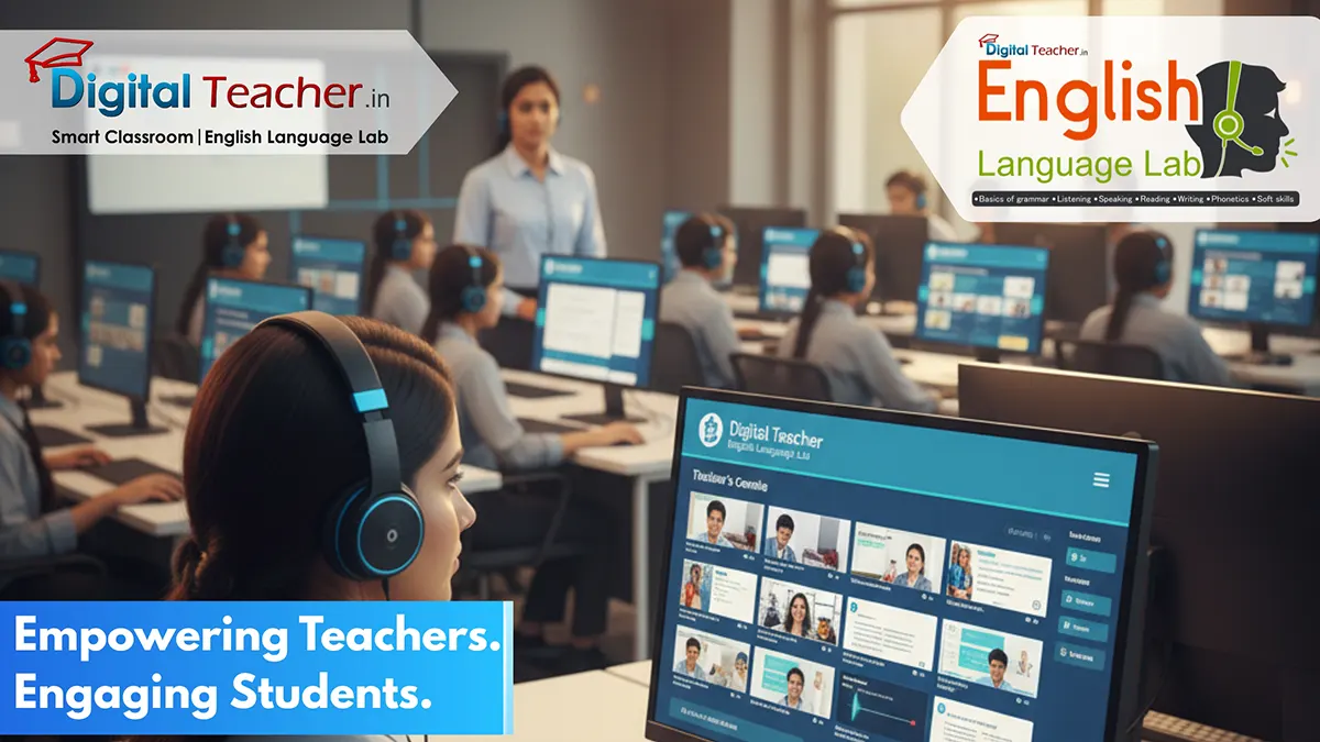 Teacher and students using English Language Lab software with headsets for interactive language learning and classroom engagement
