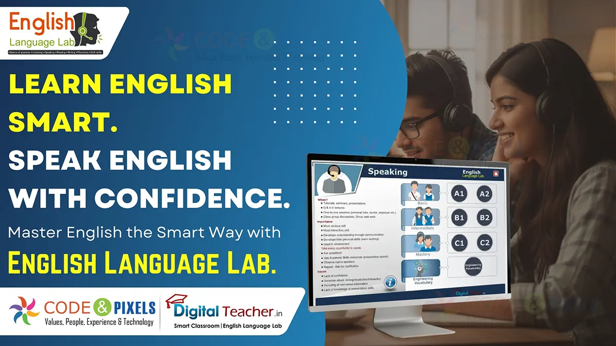 Students using English Language Lab software with headphones to improve speaking skills and English communication confidence