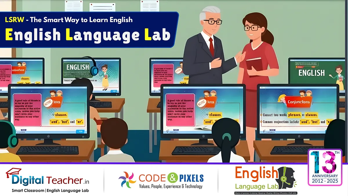Teacher guiding students in an English Language Lab using interactive grammar and language learning software