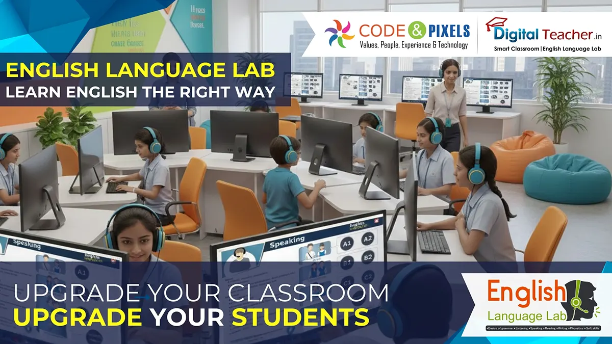 Students using computers and headsets in an English Language Lab to improve communication and language skills