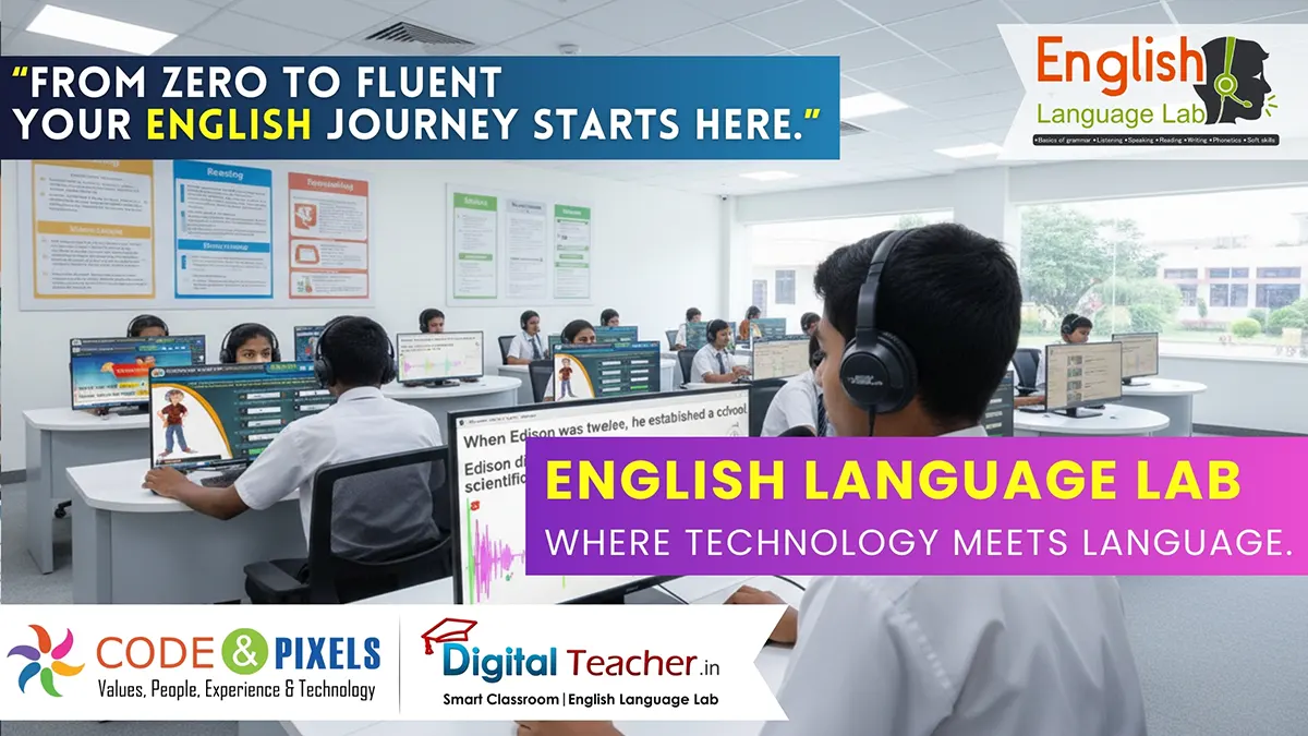 Students using computers and headsets in a modern English Language Lab to improve communication and language proficiency