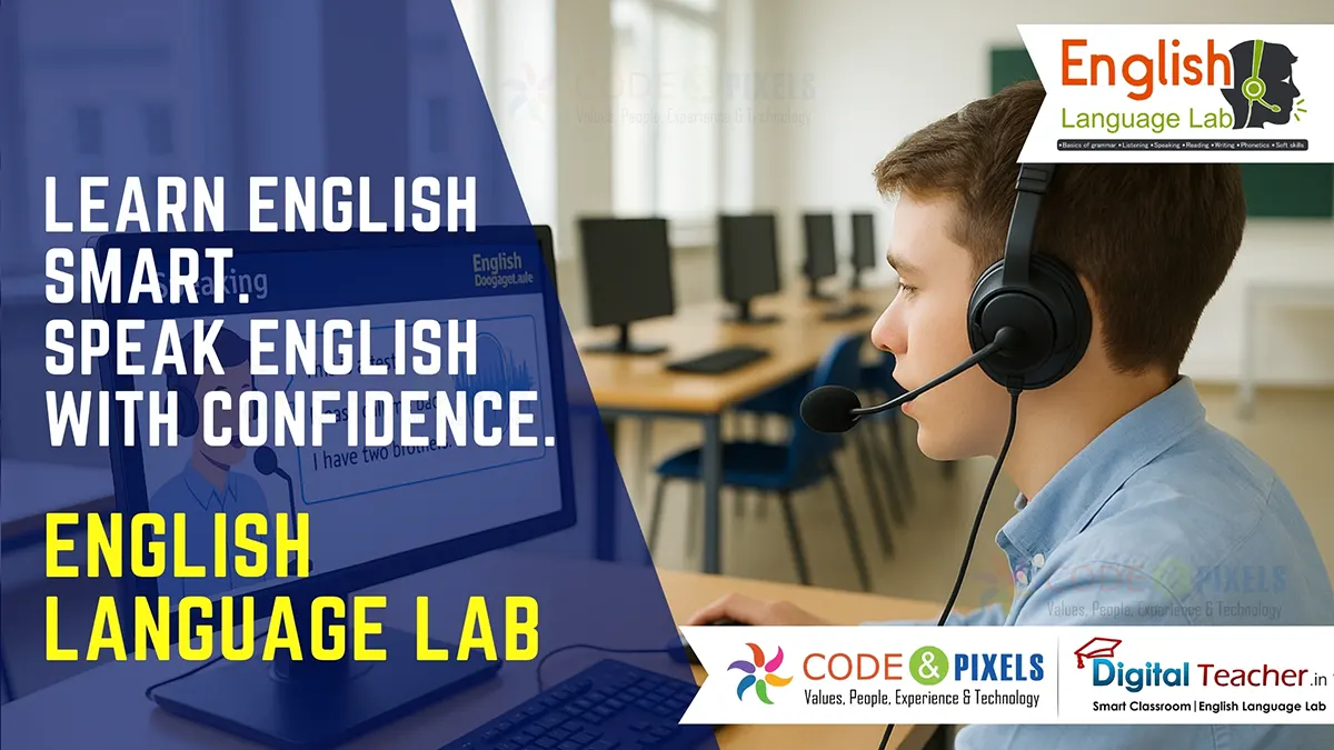 Student practicing spoken English with headset and interactive English Language Lab software