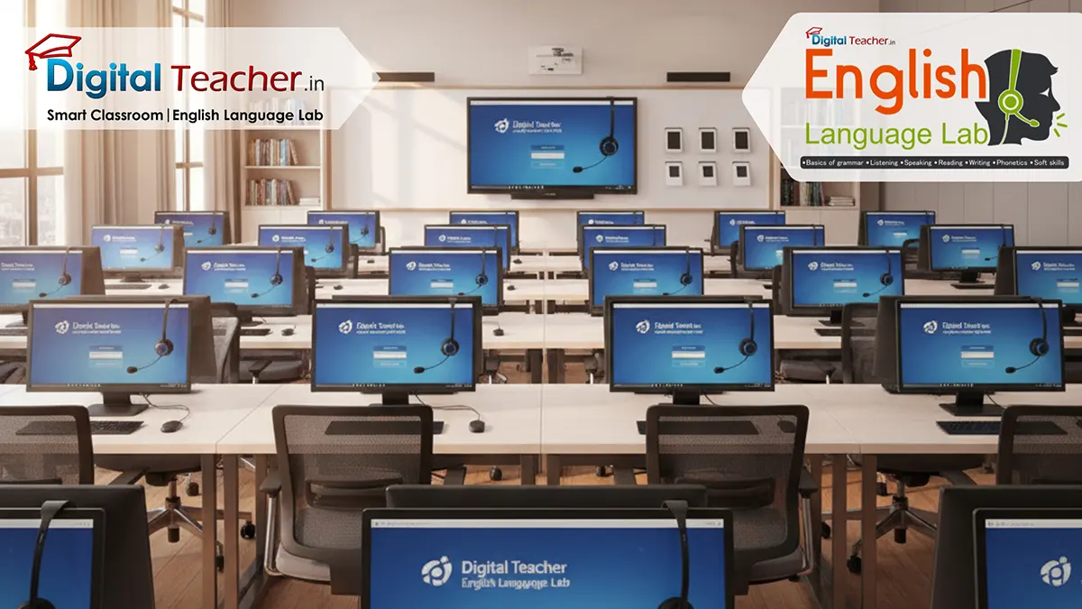 Modern English Language Lab classroom with networked computers, headsets and digital language learning software