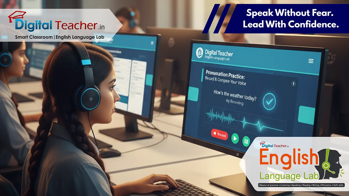 Student practicing English pronunciation and speaking skills using interactive English Language Lab software with voice recording