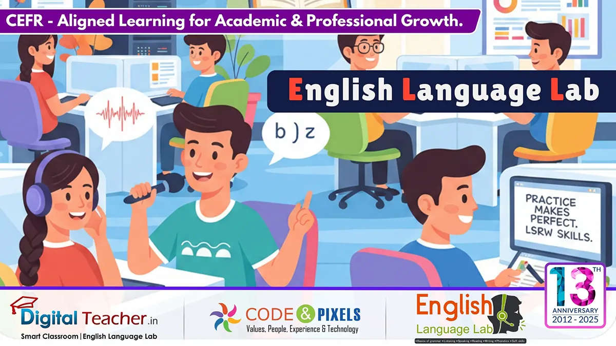 Students practicing listening, speaking, reading and writing skills in a CEFR-aligned English Language Lab