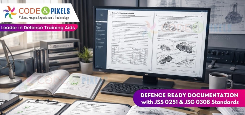 Desktop workstation showing defence technical manuals and engineering illustrations, promoting JSS 0251 and JSG 0308 standards for defence-ready documentation.